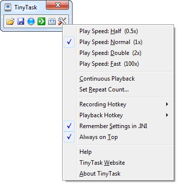 TinyTask 1.61 toolbar with Always on Top and playback speed options