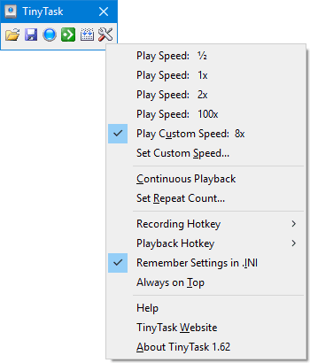 TinyTask 1.62 preferences menu with custom playback speed