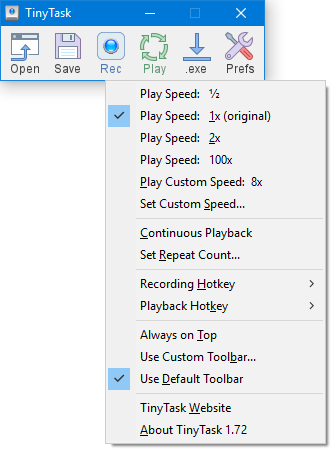 TinyTask 1.72 redesigned toolbar and preferences menu