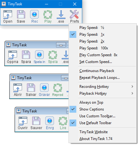 TinyTask 1.77 toolbar in multiple languages with preferences menu open